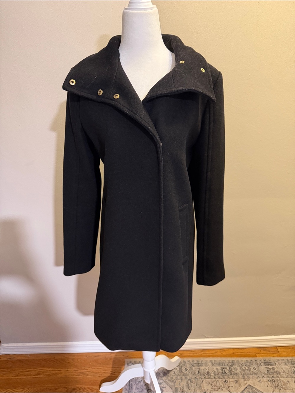 Cole Haan Womens Black Wool-Blend Snap Collar Coat size 2